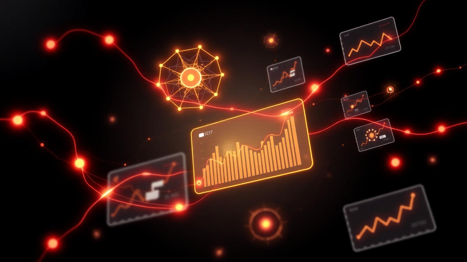 AI advertising agency dashboard concept with glowing red and gold performance charts and neural network nodes