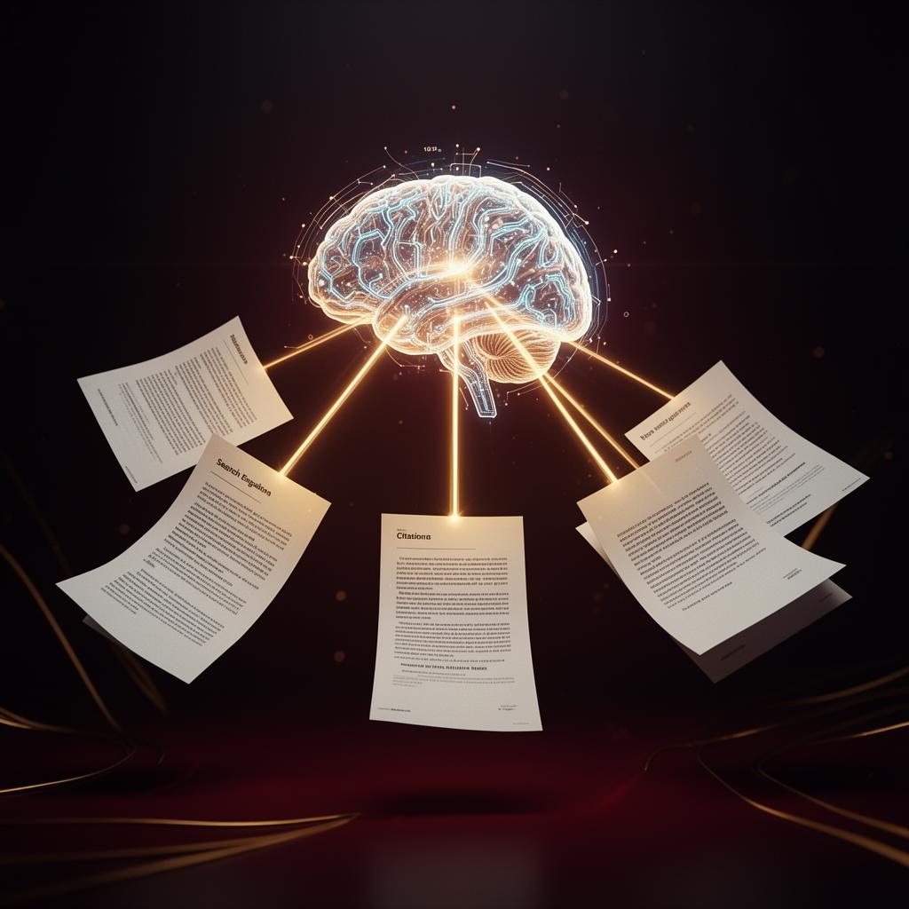 AI brain analyzing and selecting authoritative documents to cite in generated answers