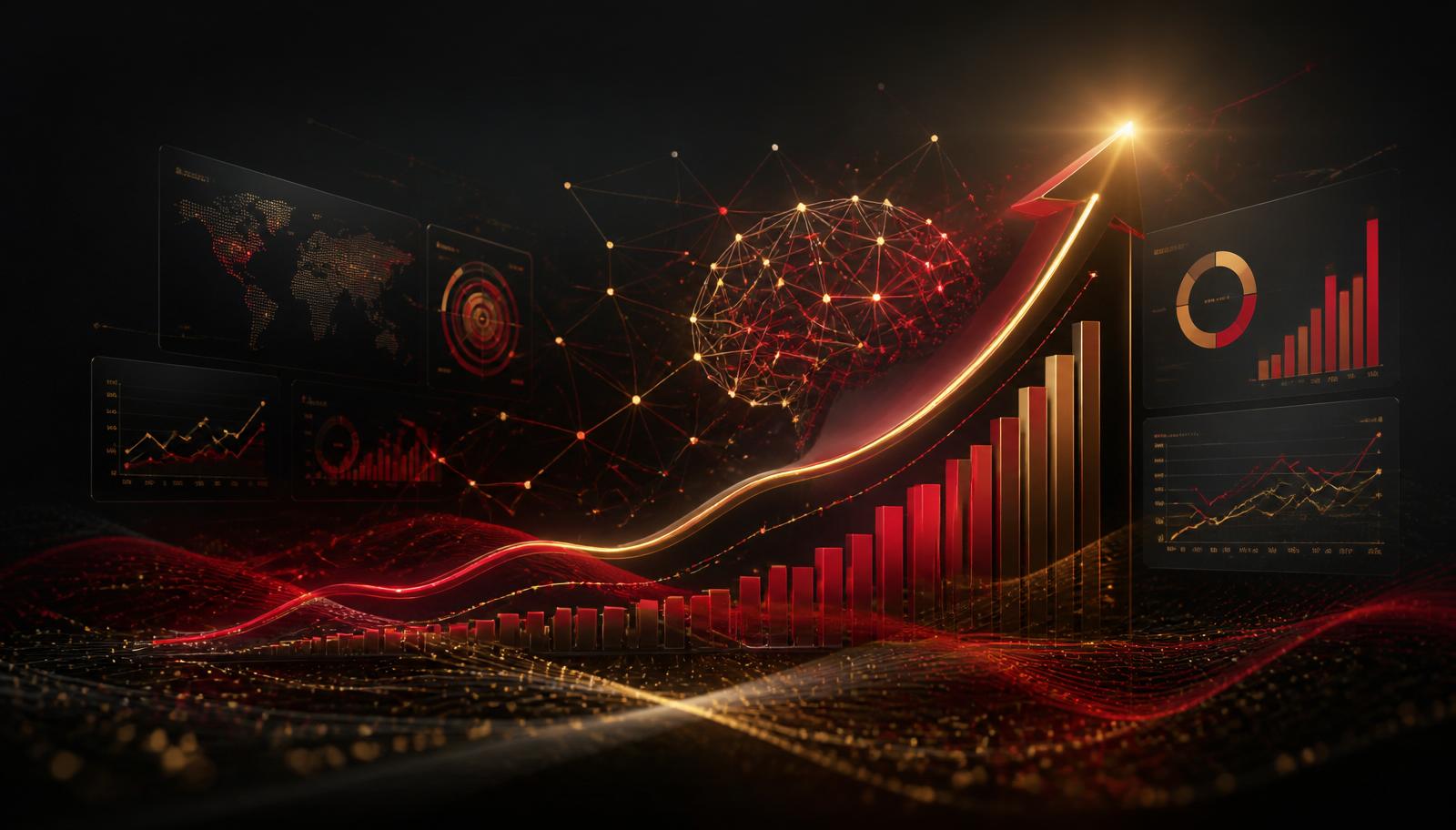 AI digital marketing agency results dashboard showing growth curves, citations, and analytics in brand red and gold