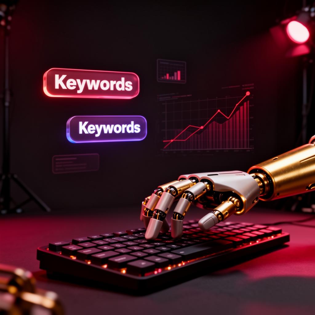 Robotic hand and human hand collaborating on SEO strategy with keyword tags and digital tools