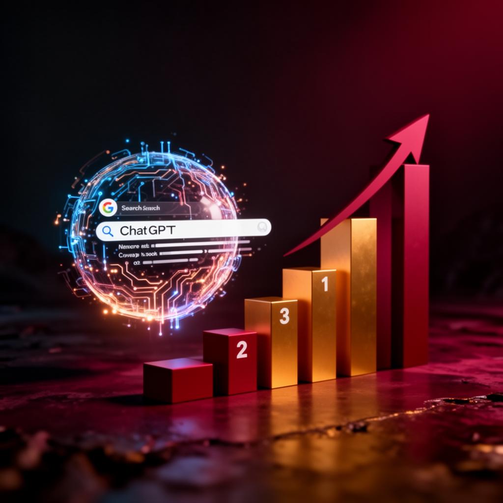 Digital workspace showing ChatGPT assisting with SEO tasks like keyword research and content optimization