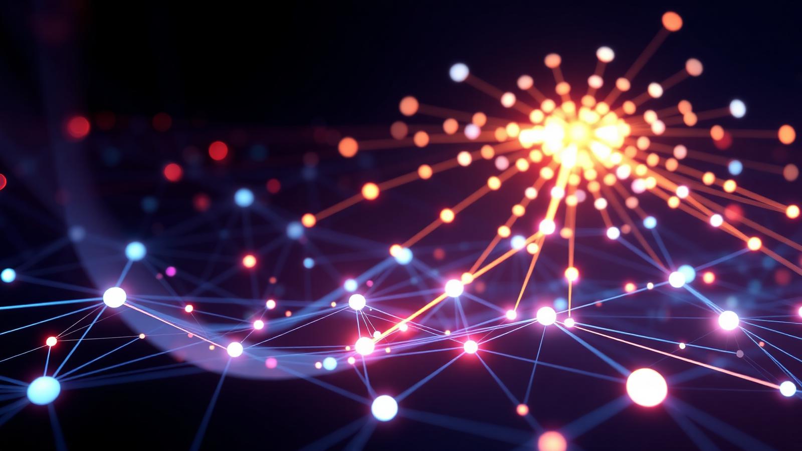 Abstract AI-powered search network with glowing red and gold nodes representing Generative Engine Optimization